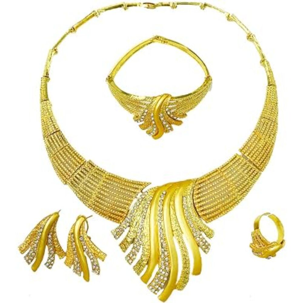 Chunky Gold Tone Crystal Dubai Necklace Earrings Bracelet Ring Jewelry Set